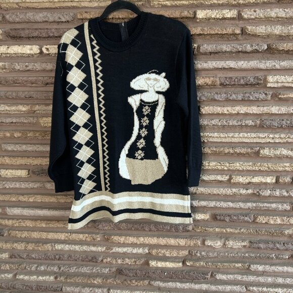 Vintage Funky Sweater Woman with Hat Sunglasses Black Taupe - Picture 9 of 9